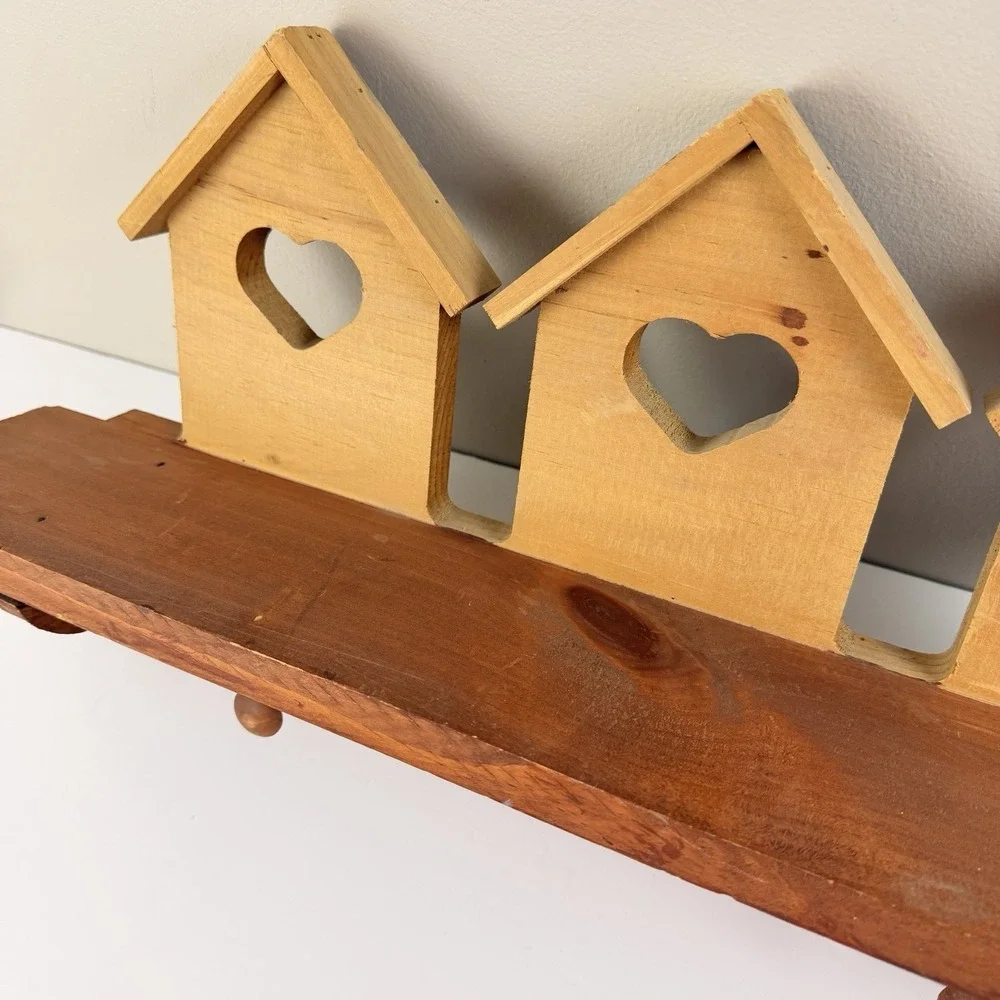 Vintage Wood Birdhouse Heart Wall Shelf Key Rack Peg Hooks Farmhouse Decor